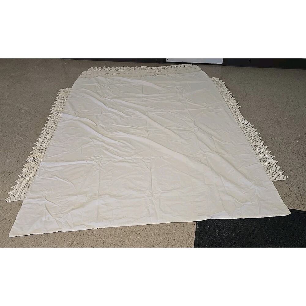 Vtg White Crochet Wide Lace Edge Rectangular Classic‎ Bedding Blanket King Size